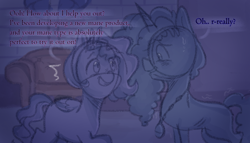 Size: 1106x633 | Tagged: safe, anonymous artist, imported from derpibooru, pipp petals, pegasus, pony, unicorn, series:misty pov, brick wall, bruised, chair, chubby, concave belly, cornrows, diadem, dialogue, duo, duo female, female, folded wings, g5, grin, hair dryer, height difference, jewelry, limited palette, looking at each other, looking at someone, mane melody (location), mare, misty brightdawn, necklace, nervous, nervous grin, pendant, physique difference, pipp is short, ribs, shaking, skinny, smiling, smol, sweat, sweatdrops, thin, wings