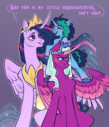 Size: 2671x3100 | Tagged: safe, artist:djkaskan, imported from derpibooru, opaline arcana, twilight sparkle, alicorn, pony, unicorn, the last problem, spoiler:g5, alternate universe, blushing, coat markings, confused, crown, curved horn, dialogue, eyes closed, female, freckles, frown, g4, g5, high res, horn, jewelry, looking at someone, looking away, looking down, mare, misty brightdawn, misty riding opaline, older, older twilight, opaline arcana is twilight's daughter, open mouth, open smile, outline, partially open wings, peytral, princess twilight 2.0, raised hoof, regalia, simple background, sitting, smiling, socks (coat markings), sparkles, speech bubble, trio, trio female, turned head, twilight sparkle (alicorn), unshorn fetlocks, wings