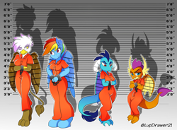 Size: 2048x1508 | Tagged: safe, artist:lupdrawer21, imported from derpibooru, gilda, princess ember, rainbow dash, smolder, anthro, dragon, griffon, pegasus, unguligrade anthro, bound wings, clothes, cuffed, cuffs, female, group, jumpsuit, prison outfit, prisoner, prisoner ember, prisoner gilda, prisoner rd, prisoner smolder, quartet, varying degrees of want, wings