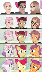 Size: 2424x4128 | Tagged: safe, artist:axiomtf, artist:zeydaan, imported from derpibooru, apple bloom, scootaloo, sweetie belle, oc, earth pony, human, pegasus, pony, unicorn, apple bloom's bow, bow, cutie mark crusaders, glasses, hair bow, human to pony, male to female, reality shift, rule 63, show accurate, transformation, transformation sequence, transgender transformation