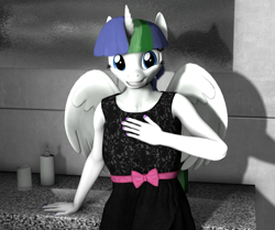 Size: 1657x1383 | Tagged: safe, artist:frostydream, imported from derpibooru, oc, oc only, oc:sally whitesnow, alicorn, anthro, 3d, alicorn oc, breasts, clothes, dress, female, horn, kitchen, solo, source filmmaker, wings