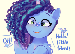 Size: 2603x1888 | Tagged: safe, artist:maren, imported from derpibooru, butterfly, pony, unicorn, blushing, butterfly on nose, cornrows, curly mane, cute, dialogue, female, freckles, g5, happy, insect on nose, mare, markings, misty brightdawn, mistybetes, open mouth, open smile, simple background, smiling, solo, white background