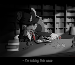 Size: 3500x3028 | Tagged: safe, artist:auroracursed, imported from derpibooru, izzy moonbow, anthro, pony, unicorn, black and white, book, bookshelf, candy, cute, detective, detective izzy, female, food, g5, glasses, grayscale, high res, inkwell, izzybetes, lamp, lollipop, mare, monochrome, noir, quill, solo, sticker