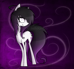 Size: 2000x1875 | Tagged: safe, artist:zeffdakilla, imported from derpibooru, oc, oc only, oc:lacey lullaby, earth pony, pony, abstract background, black mane, emo, female, looking at you, purple background, simple background, skinny, solo, standing, white fur