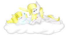 Size: 6000x3146 | Tagged: safe, artist:angellightyt, imported from derpibooru, oc, oc:angel light, pegasus, pony, cloud, duo, halo, jewelry, lying down, necklace, on a cloud, pegasus oc, prone, simple background, transparent background, wings