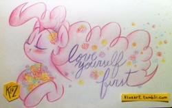 Size: 1000x633 | Tagged: safe, artist:kluzart, imported from derpibooru, pinkie pie, pony, flower, solo, traditional art