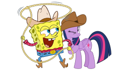 Size: 1920x1080 | Tagged: safe, artist:thxfan2022, imported from derpibooru, twilight sparkle, alicorn, pony, boots, clothes, cowboy, cowboy boots, cowboy hat, cowgirl, hat, one eye closed, rope, shoes, simple background, sponge, spongebob squarepants, spongebob squarepants (character), transparent background, twilight sparkle (alicorn), wink