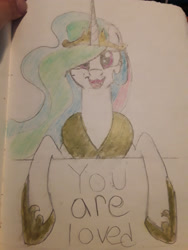 Size: 2448x3264 | Tagged: safe, artist:anonymous, imported from twibooru, princess celestia, pony, /bale/, female, image, looking at you, mare, needs more jpeg, open smile, simple background, solo, traditional art, white background, you are loved