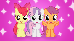 Size: 1600x900 | Tagged: safe, imported from derpibooru, screencap, apple bloom, scootaloo, sweetie belle, earth pony, pegasus, pony, unicorn, adorabloom, cute, cutealoo, cutie mark crusaders, cutie mark cuties, diasweetes, female, filly, foal, happy, looking at you, open mouth, smiling, spread wings, trio, wings