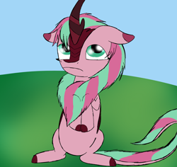 Size: 1800x1700 | Tagged: safe, artist:the crystal artist, derpibooru exclusive, imported from derpibooru, oc, oc only, oc:minty (crystal), kirin, cloven hooves, cute, female, floppy ears, kirin oc, kirn, looking up, mare, missing accessory, no shading, raised hoof, sad, sitting, solo