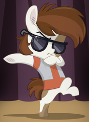 Size: 2600x3537 | Tagged: safe, artist:tolpain, imported from ponybooru, pipsqueak, earth pony, pony, clothes, dancing, solo, sunglasses