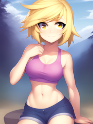 Size: 1020x1360 | Tagged: safe, editor:sammykun, imported from derpibooru, derpy hooves, human, equestria girls, bare shoulders, belly button, breasts, busty derpy hooves, clothes, cloud, denim, denim shorts, forest, humanized, looking at you, machine learning generated, midriff, sexy, shorts, sitting, sky, stable diffusion, tanktop, thighs