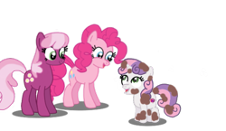 Size: 605x350 | Tagged: safe, artist:lil' pegasus, imported from derpibooru, cheerilee, pinkie pie, sweetie belle, earth pony, pony, unicorn, dirty, female, filly, foal, g3.5, mare, newborn cuties, redraw, simple background, transparent background, trio, trio female