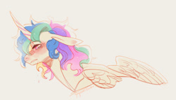 Size: 1280x734 | Tagged: safe, artist:yuyusunshine, imported from derpibooru, princess celestia, alicorn, pony, crying, curved horn, female, horn, mare, messy mane, simple background, solo, white background