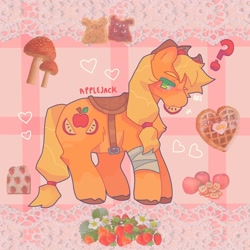 Size: 1440x1440 | Tagged: safe, artist:ariariari.png, imported from derpibooru, applejack, earth pony, pony, alternate cutie mark, alternate design, apple, bandage, bandaged leg, cowboy hat, food, hat, redesign, saddle, solo, tack