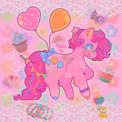 Size: 1440x1440 | Tagged: safe, artist:ariariari.png, imported from derpibooru, pinkie pie, earth pony, pony, balloon, bracelet, candy, colored hooves, confetti, food, heart, heart balloon, jewelry, redesign, solo, sprinkles, streamers