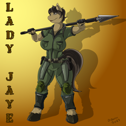Size: 900x900 | Tagged: safe, artist:quicktron, imported from derpibooru, anthro, earth pony, unguligrade anthro, anthrofied, big breasts, breasts, clothes, female, fingerless gloves, g.i. joe, gloves, gradient background, javelin, jumpsuit, lady jaye, military uniform, ponified, signature, smiling, solo, uniform, weapon
