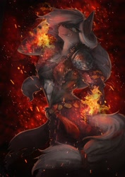 Size: 1679x2372 | Tagged: safe, artist:blvckmagic, imported from derpibooru, oc, oc only, anthro, earth pony, abs, clothes, eye clipping through hair, female, fire, magic, solo