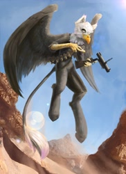 Size: 2983x4096 | Tagged: safe, artist:blvckmagic, imported from derpibooru, oc, oc only, griffon, hybrid, pony, bandolier, desert, flying, grenade launcher, m79, male, reloading, solo, weapon