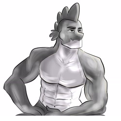 Size: 2062x2062 | Tagged: safe, artist:flutterpawss, imported from derpibooru, spike, dragon, adult, adult spike, clothes, gigachad, gigachad spike, male, meme, missing wing, monochrome, muscles, muscular male, older, older spike, pale belly, partial nudity, ponified meme, simple background, sitting, smiling, solo, topless, white background