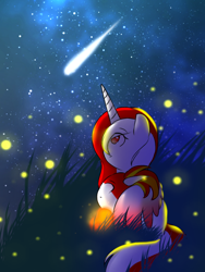 Size: 720x960 | Tagged: safe, artist:diniarvegafinahar, imported from derpibooru, oc, oc only, oc:indonisty, alicorn, pony, colored wings, comet, countryball, duo, female, gradient wings, indonesia, looking up, male, mare, nation ponies, night, non-mlp oc, non-pony oc, polandball, ponified, sitting, stars, wings