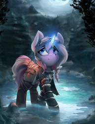 Size: 2092x2719 | Tagged: safe, artist:blvckmagic, imported from derpibooru, oc, oc only, pony, unicorn, bag, clothes, dungeons and dragons, female, glowing, glowing horn, goggles, goggles on head, horn, lake, magic, moon, mountain, pen and paper rpg, rpg, saddle bag, water