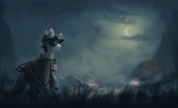 Size: 4096x2493 | Tagged: safe, artist:blvckmagic, imported from derpibooru, oc, oc only, pony, unicorn, cigarette, cloak, clothes, goggles, gun, male, moon, night, rifle, smoking, soldier, solo, stallion, tank (vehicle), weapon