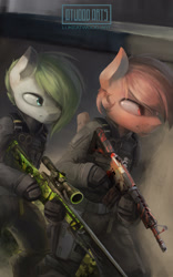 Size: 1875x3000 | Tagged: safe, artist:blvckmagic, imported from derpibooru, oc, oc only, earth pony, pegasus, semi-anthro, clothes, counter-strike: global offensive, earth pony oc, gun, male, pegasus oc, rifle, sniper rifle, uniform, weapon
