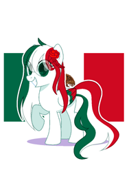 Size: 720x960 | Tagged: safe, artist:diniarvegafinahar, imported from derpibooru, pegasus, pony, colored wings, eye clipping through hair, female, flag, flower, flower in hair, looking at you, mare, mexico, multicolored wings, nation ponies, ponified, simple background, smiling, solo, white background, wings