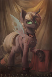 Size: 1951x2867 | Tagged: safe, artist:blvckmagic, imported from derpibooru, oc, oc only, oc:recina, changeling, changeling queen, equestria at war mod, badge, clothes, female, solo, uniform
