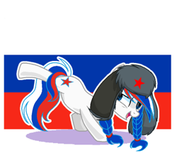 Size: 640x553 | Tagged: safe, artist:diniarvegafinahar, imported from derpibooru, oc, oc only, oc:marussia, earth pony, pony, badass, braid, female, flag, hat, mare, nation ponies, open mouth, russia, simple background, solo, ushanka, white background