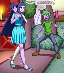 Size: 3410x3868 | Tagged: safe, artist:artemis-polara, imported from derpibooru, rarity, spike, twilight sparkle, human, equestria girls, breasts, busty rarity, busty twilight sparkle, cleavage, clothes, commission, conjoined, dress, equestria girls interpretation, feet, fusion, golden oaks library, human spike, humanized, levitation, magic, multiple heads, nail polish, open-toed shoes, remake, scene interpretation, shoes, speech bubble, spell gone wrong, telekinesis, toenail polish, toenails, toes, two heads, two heads are better than one, we have become one