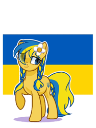 Size: 720x960 | Tagged: safe, artist:diniarvegafinahar, imported from derpibooru, oc, oc only, oc:ukraine, earth pony, pony, braid, eye clipping through hair, female, flag, flower, flower in hair, mare, nation ponies, raised hoof, simple background, solo, ukraine, white background