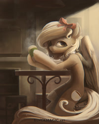 Size: 2400x3000 | Tagged: safe, artist:blvckmagic, imported from derpibooru, oc, oc only, pegasus, pony, bow, cafe, coffee, female, hair bow, looking at you, mare, seat, sitting, solo, table
