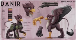 Size: 4096x2181 | Tagged: safe, artist:blvckmagic, imported from derpibooru, oc, oc only, griffon, armor, concave belly, double barreled shotgun, griffon oc, gun, reference sheet, shotgun, solo, weapon