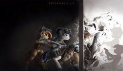 Size: 4096x2379 | Tagged: safe, artist:blvckmagic, imported from derpibooru, oc, oc only, earth pony, pony, clothes, earth pony oc, female, gun, handgun, mare, pistol, ponified, rainbow six siege, riot shield, shotgun, weapon