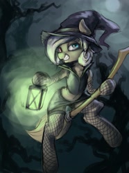 Size: 1152x1552 | Tagged: safe, artist:blvckmagic, imported from derpibooru, oc, oc only, earth pony, belly, belly button, broom, clothes, costume, earth pony oc, female, fishnets, flying, flying broomstick, forest, halloween, halloween costume, hat, heterochromia, lantern, moon, night, solo, witch, witch hat