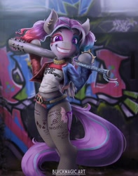 Size: 2360x3000 | Tagged: safe, artist:blvckmagic, imported from derpibooru, oc, oc only, oc:platinum wing, earth pony, semi-anthro, baseball bat, belt, clothes, costume, dc comics, ear piercing, earth pony oc, female, fishnets, graffiti, halloween, halloween costume, harley quinn, lipstick, makeup, piercing, pigtails, solo, spiked wristband, tattoo, twintails, wristband