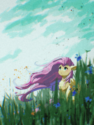 Size: 1620x2160 | Tagged: safe, artist:lendftcn, imported from derpibooru, fluttershy, pegasus, pony, female, film grain, grass, grass field, looking up, mare, solo, windswept mane