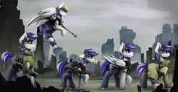 Size: 4096x2136 | Tagged: safe, artist:blvckmagic, imported from derpibooru, oc, oc only, oc:delta, earth pony, pegasus, pony, fallout equestria, armor, assault rifle, city, clothes, flying, gun, minigun, rifle, ruins, self paradox, self ponidox, shotgun, smoking, sniper rifle, submachinegun, trenchcoat, weapon