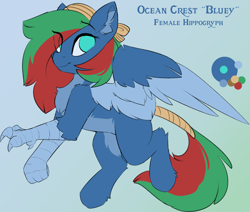 Size: 2306x1954 | Tagged: safe, artist:beardie, imported from derpibooru, oc, oc only, oc:ocean crest, hippogriff, hybrid, color palette, female, gradient background, hippogriff oc, hybrid oc, mare, reference sheet, solo, spread wings, tail, tail wrap, talons, wings