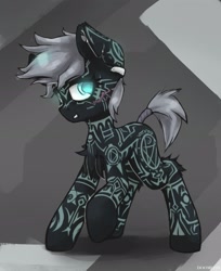 Size: 1826x2241 | Tagged: safe, artist:blvckmagic, imported from derpibooru, oc, oc only, pony, abstract background, coat markings, ear piercing, piercing, scar, solo