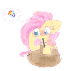 Size: 1481x1458 | Tagged: safe, artist:lbrcloud, imported from derpibooru, fluttershy, rainbow dash, pegasus, pony, blushing, cute, drink, drinking, female, floppy ears, implied flutterdash, implied lesbian, implied shipping, mare, shyabetes, simple background, solo, thinking, thought bubble, white background