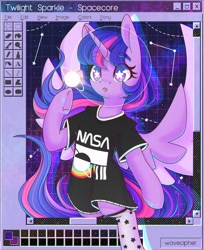 Size: 1589x1944 | Tagged: safe, artist:wavecipher, imported from derpibooru, twilight sparkle, alicorn, semi-anthro, aesthetics, clothes, ms paint, nasa, open mouth, out of frame, shirt, socks, solo, spacecore, spread wings, synthwave, twilight sparkle (alicorn), underhoof, webcore, wings