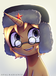 Size: 2003x2696 | Tagged: safe, artist:opal_radiance, imported from derpibooru, oc, oc only, unnamed oc, pony, unicorn, bust, eyebrows, glasses, gradient background, hat, high res, horn, looking at you, open mouth, open smile, portrait, signature, smiling, smiling at you, solo, unicorn oc, ushanka