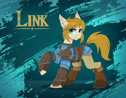 Size: 2790x2160 | Tagged: safe, artist:strafe blitz, imported from derpibooru, earth pony, pony, abstract background, clothes, ear fluff, link, male, ponified, raised hoof, solo, stallion, standing, the legend of zelda, the legend of zelda: breath of the wild, the legend of zelda: tears of the kingdom, turned head