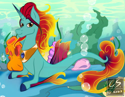 Size: 1024x792 | Tagged: safe, artist:adhiguna, artist:johnathon-matthews, imported from derpibooru, oc, oc:pari, genie, genie pony, hybrid, merpony, seapony (g4), bubble, coral, crack ship offspring, crepuscular rays, deviantart watermark, digital art, dorsal fin, fin, fins, fish tail, flowing mane, flowing tail, horn, jewelry, kelp, looking at you, mermay, obtrusive watermark, ocean, offspring, personal watermark, peytral, sand, seaponified, seaweed, show accurate, smiling, smiling at you, solo, species swap, sunlight, swimming, tail, underwater, unicorn horn, water, watermark