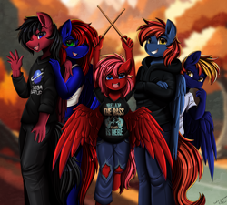 Size: 2788x2507 | Tagged: safe, artist:pridark, imported from derpibooru, oc, oc only, oc:fable prose, oc:firewire, oc:gloaming flare, oc:neon sol, oc:night coder, anthro, pegasus, unguligrade anthro, breasts, drumsticks, family photo, female, half-siblings, looking at you, male, one eye closed, ranchtown, wings