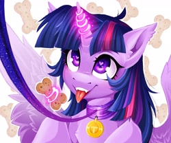 Size: 3000x2500 | Tagged: safe, artist:buvanybu, imported from derpibooru, twilight sparkle, alicorn, pony, behaving like a dog, collar, dog treat, female, heart, heart eyes, leash, levitation, looking up, magic, mare, pet play, pet tag, solo, telekinesis, tongue out, twilight sparkle (alicorn), wingding eyes