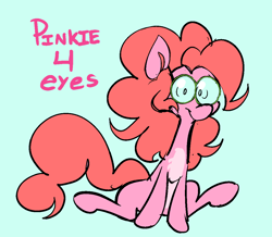 Size: 1146x1001 | Tagged: safe, artist:mew_ghost1, imported from derpibooru, pinkie pie, pony, glasses, looking at you, pink fur, pink hair, simple background, sitting, solo